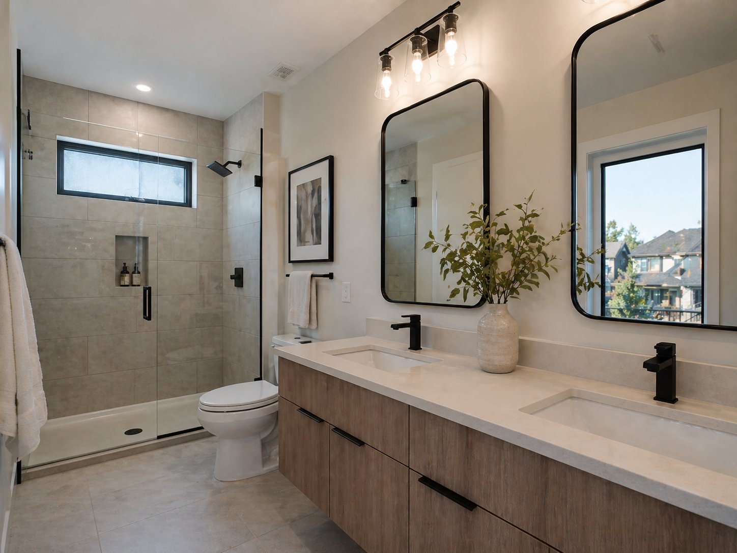 Contemporary primary bathroom with double vanity and glass shower in custom Woodlands home