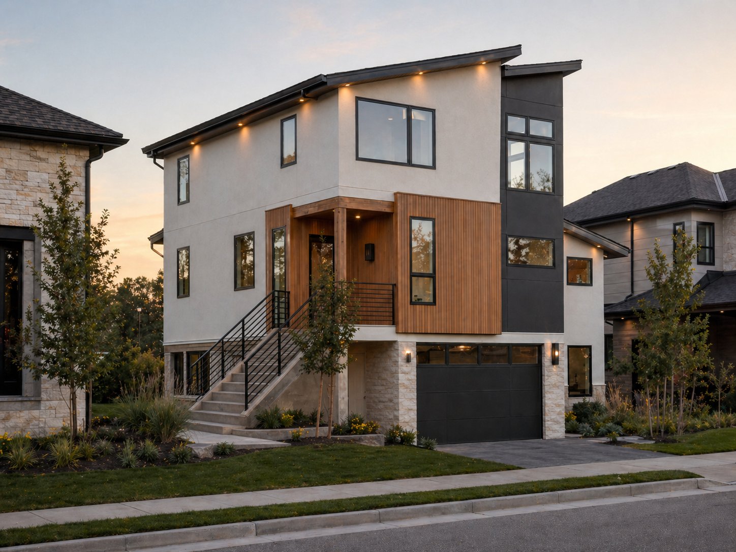 Modern custom home exterior in Houston at dusk