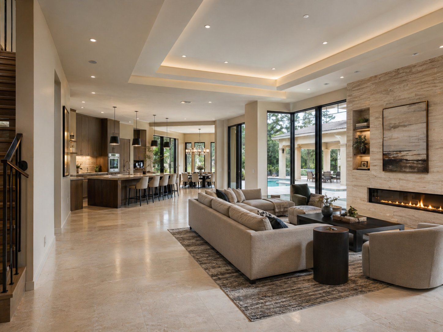 Luxury home living room opening to the outdoor pool terrace