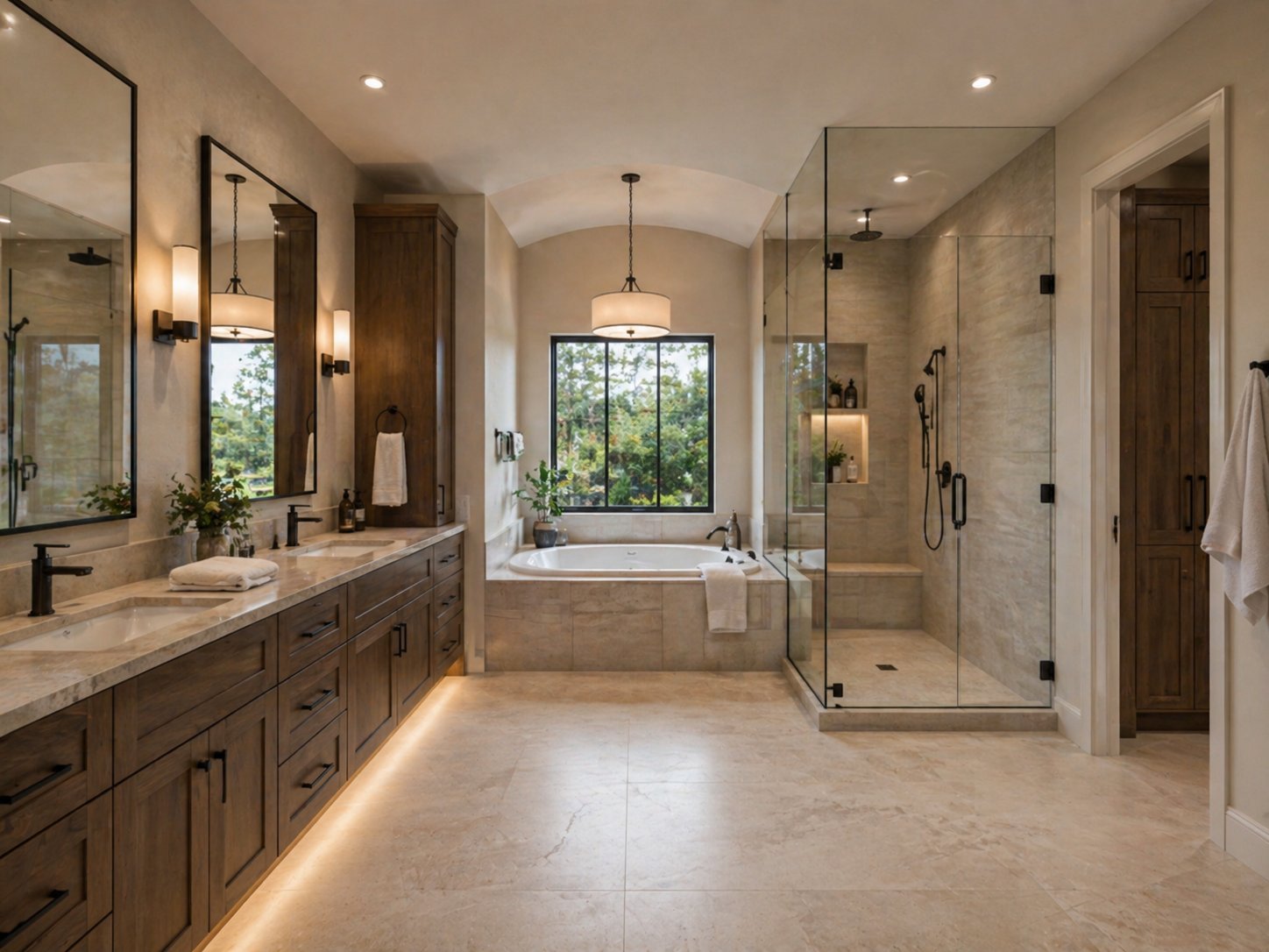 Large luxury primary bathroom with freestanding tub and glass shower in Sugar Land custom home