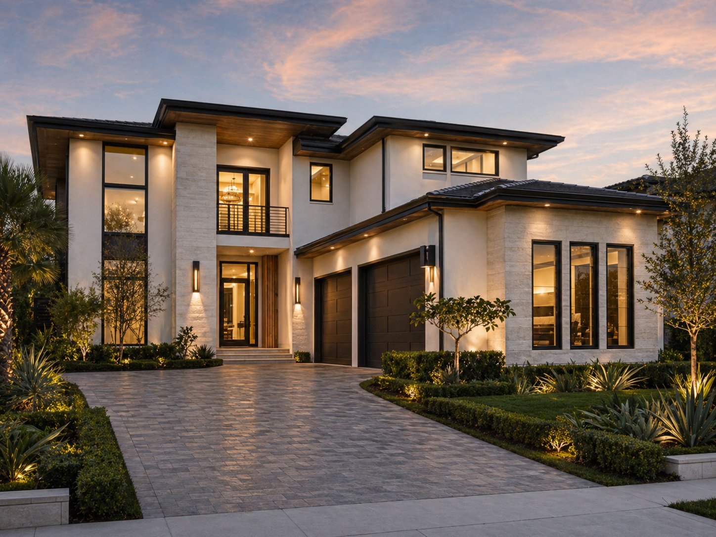 Luxury Houston custom home exterior at dusk