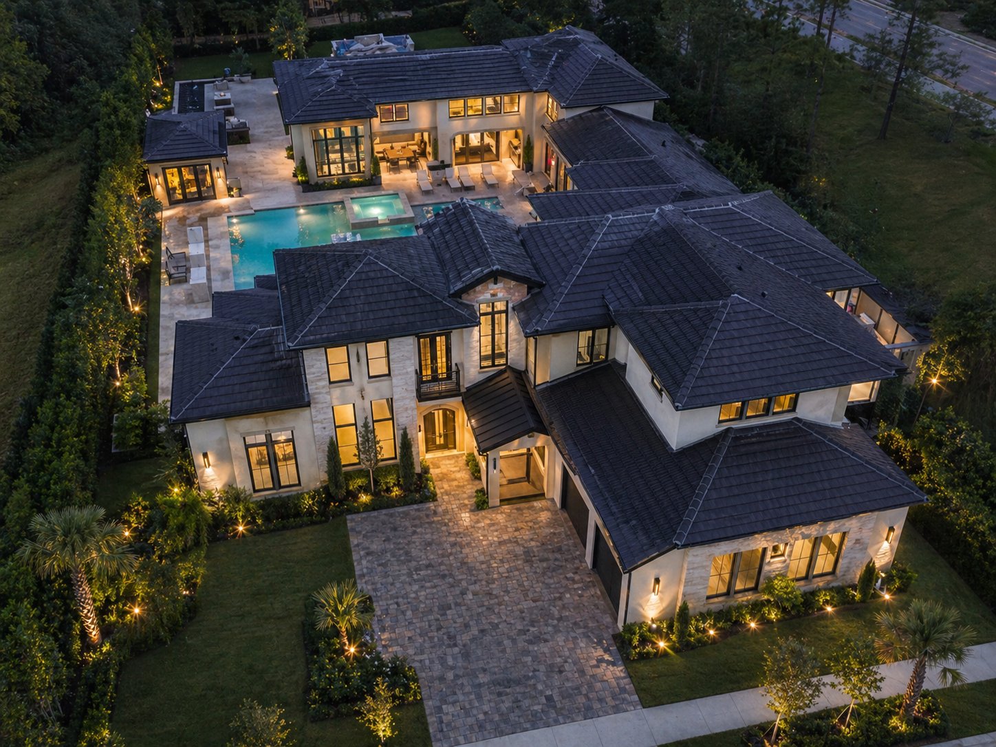 Aerial view of luxury estate with pool and outdoor living in Sugar Land Riverstone