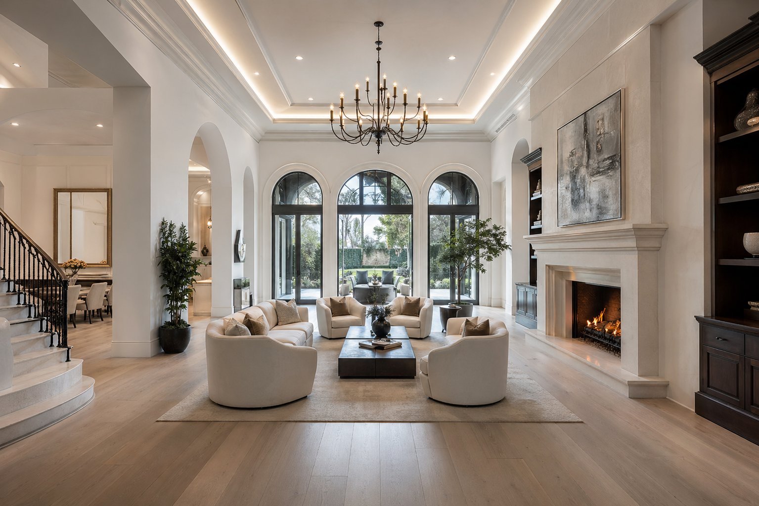 Grand interior living space with arched windows and chandelier in French château Katy custom home