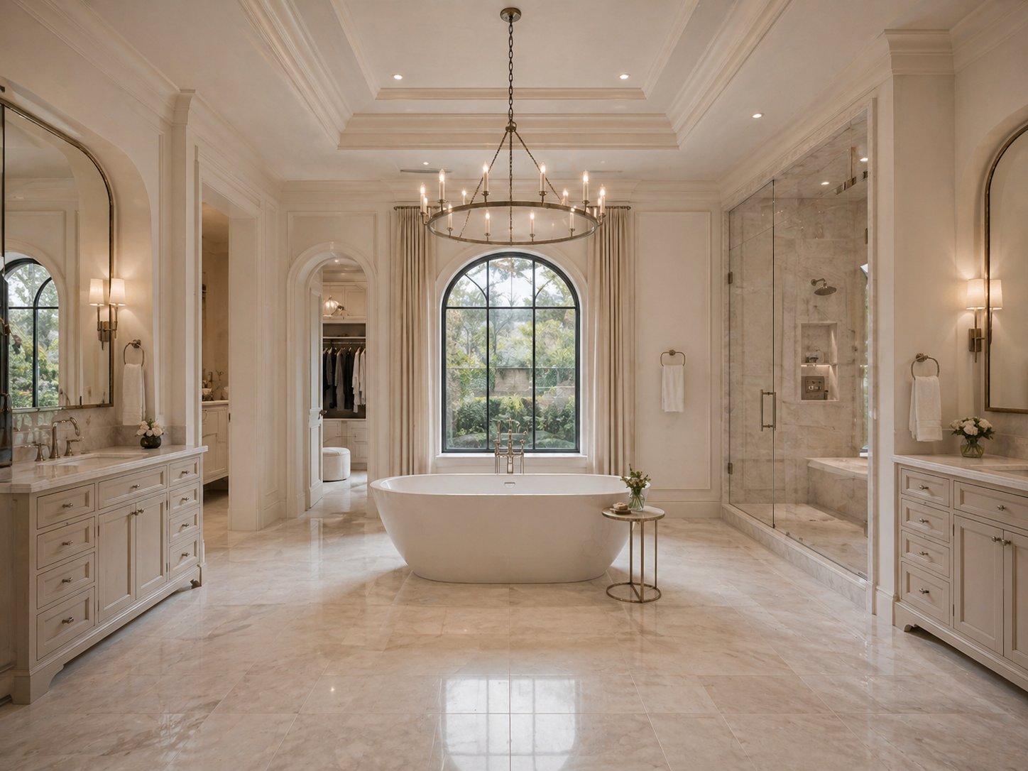 Marble primary bathroom with freestanding tub and chandelier in French country custom Katy home
