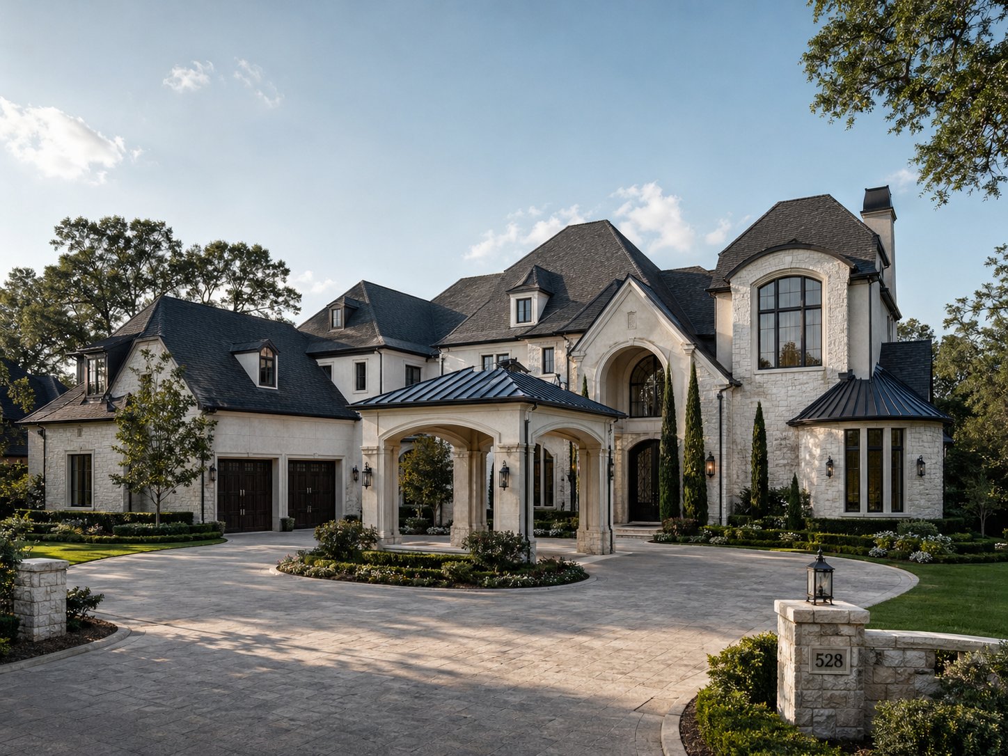 French country château exterior with arched entry and stone detailing in Katy TX
