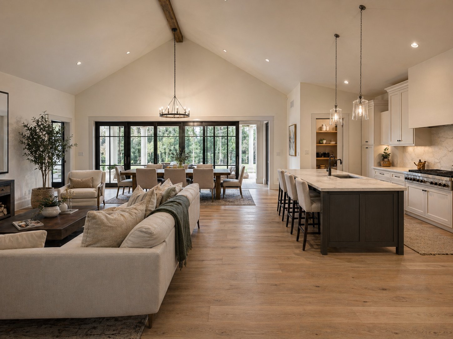 Vaulted great room with kitchen and dining area in modern farmhouse Cypress custom home