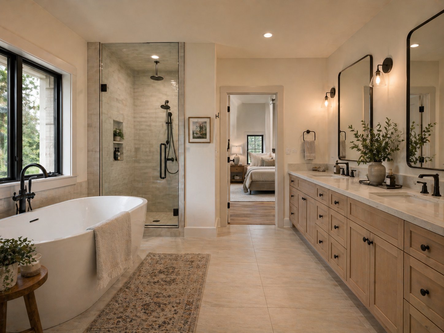 Farmhouse primary bathroom with soaking tub and walk-in shower in custom Cypress home