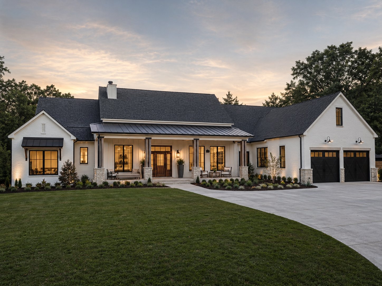 Modern farmhouse custom home exterior at dusk in Cypress TX