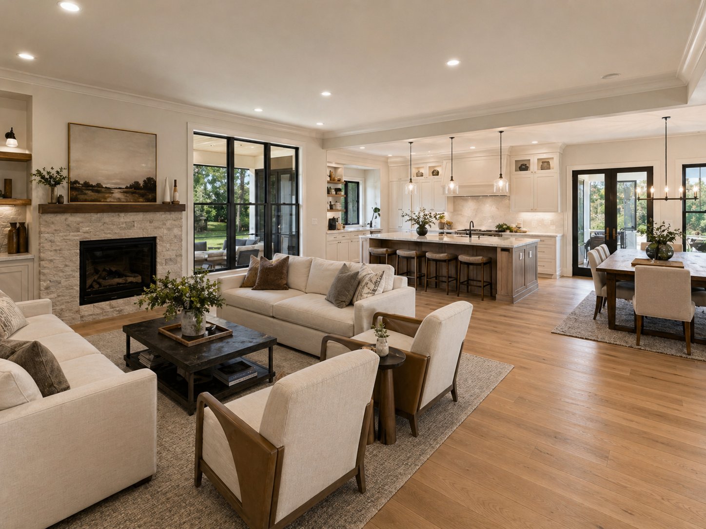 Open concept living room with stone fireplace and kitchen in transitional Pearland custom home