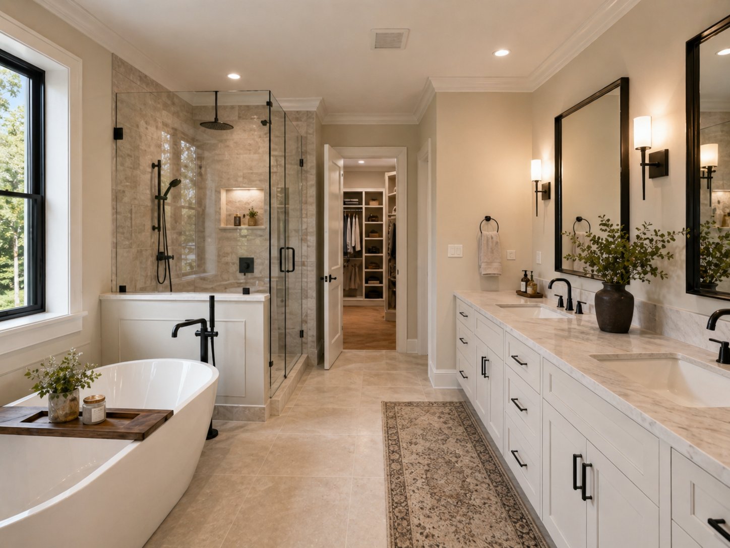Transitional primary bathroom with soaking tub and walk-in shower in custom Pearland home