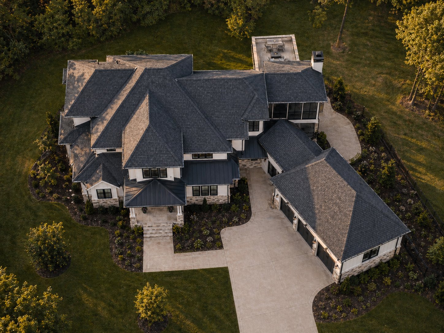 Aerial view of transitional luxury custom home in Pearland Texas