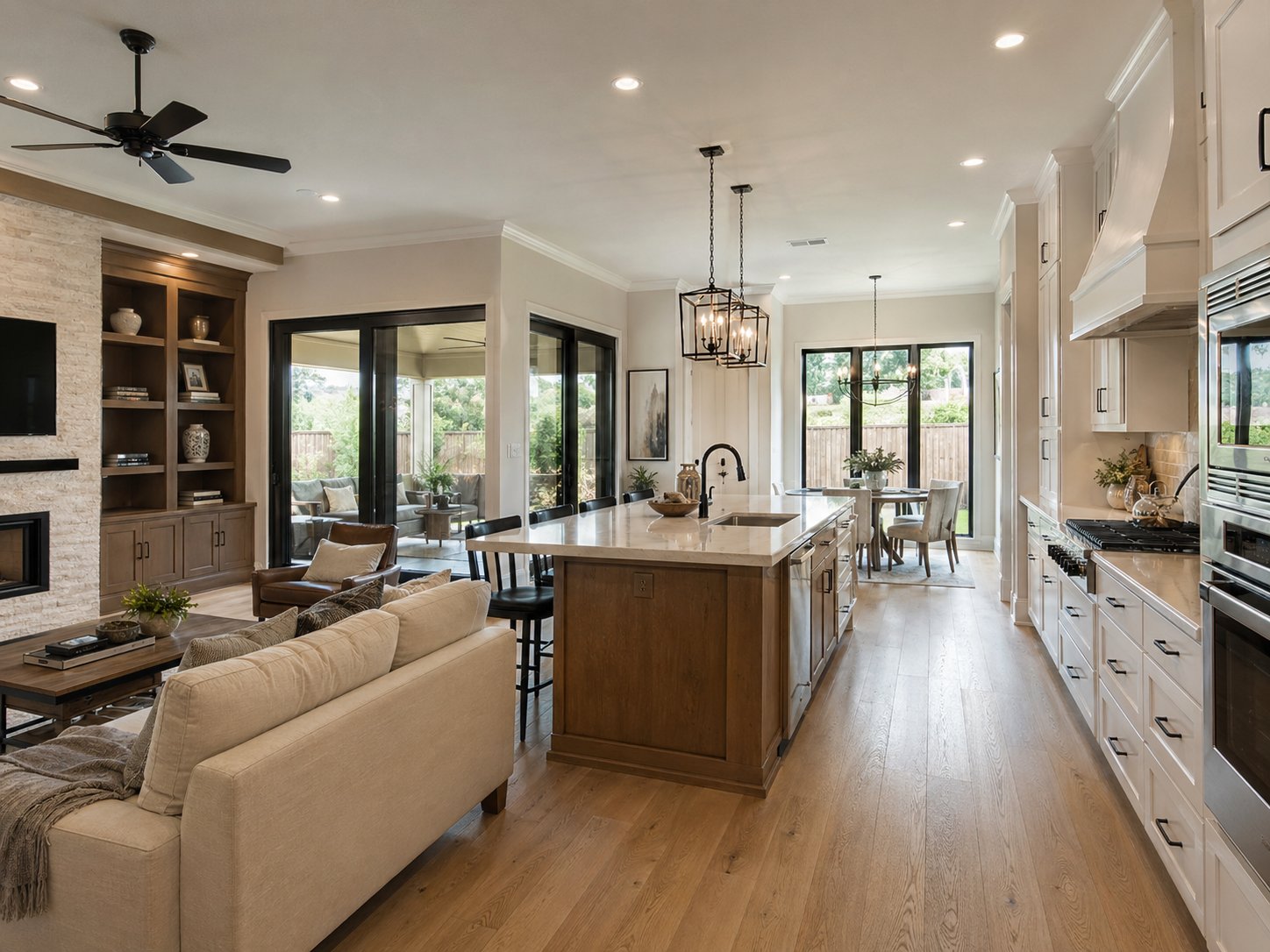 Open living room with built-ins and gourmet kitchen in traditional Spring custom home