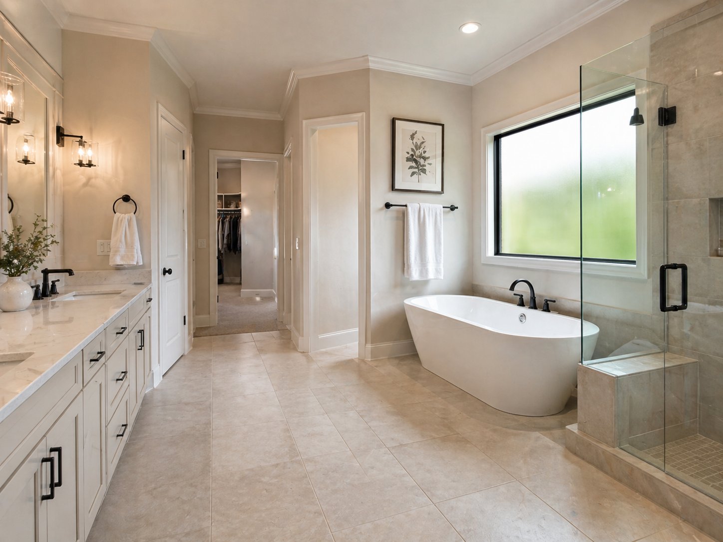 Traditional primary bathroom with soaking tub in custom Spring TX home