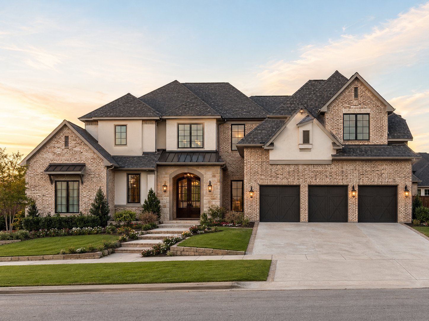 Traditional brick and stone custom home exterior at dusk in Spring TX