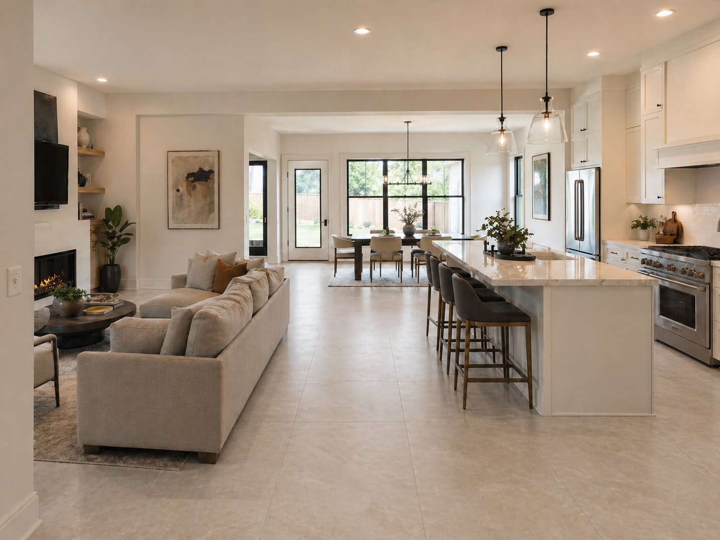 Open living room with connected kitchen and dining in modern white brick League City custom home