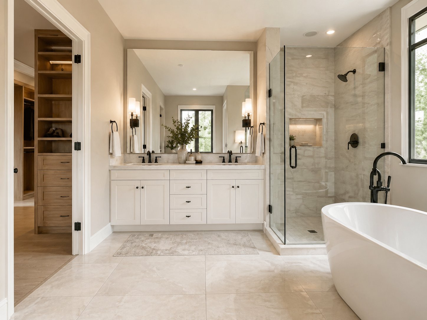 Spa-style primary bathroom with soaking tub in custom League City home