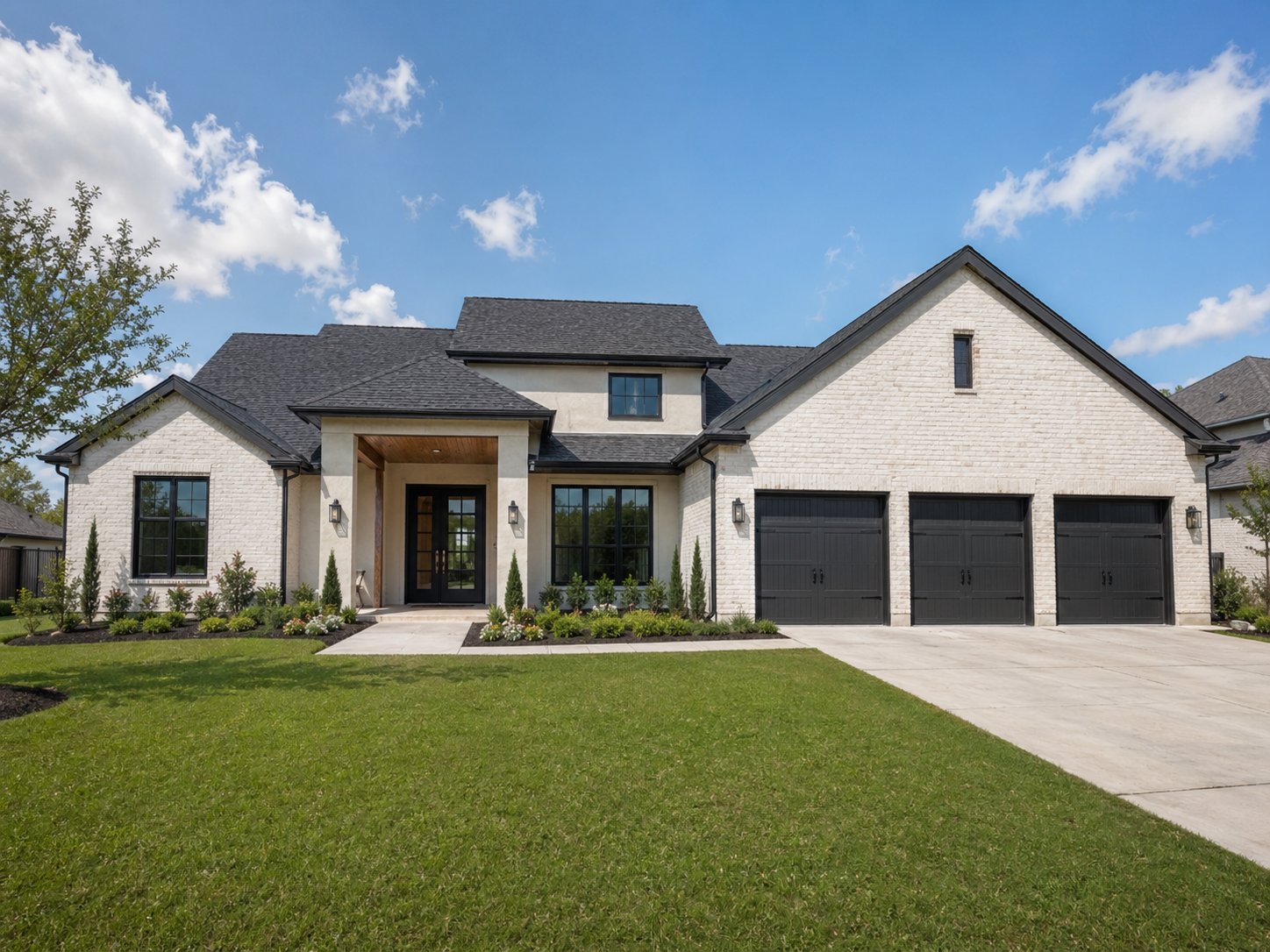 Modern white brick custom home exterior in League City TX