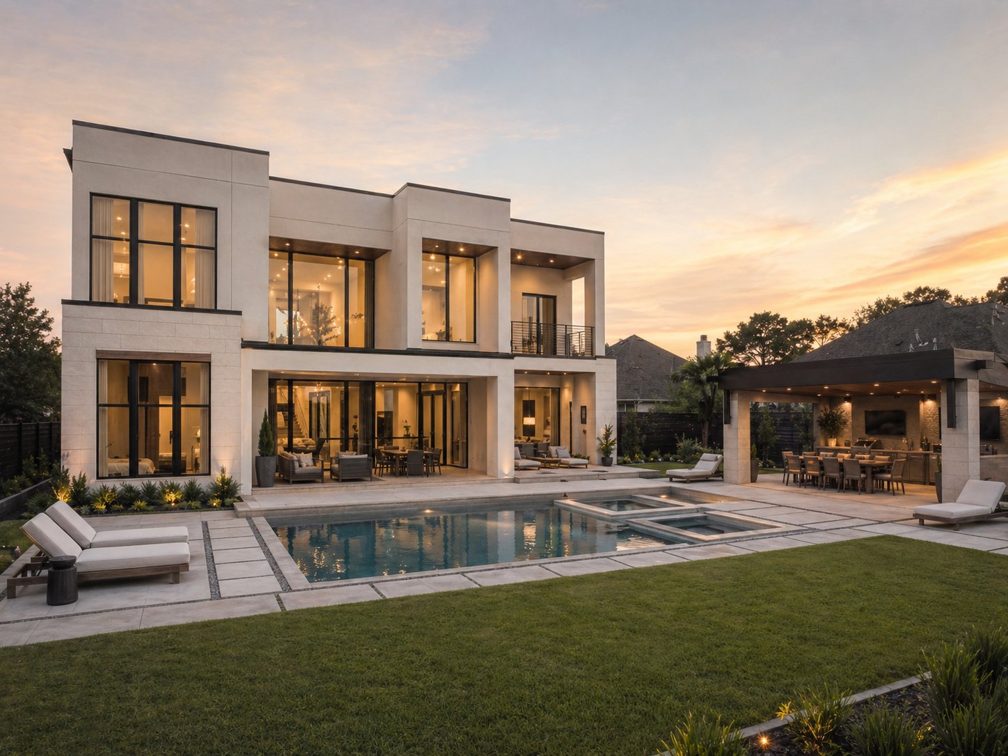 Backyard pool, covered outdoor kitchen, and modern rear elevation of Houston custom home