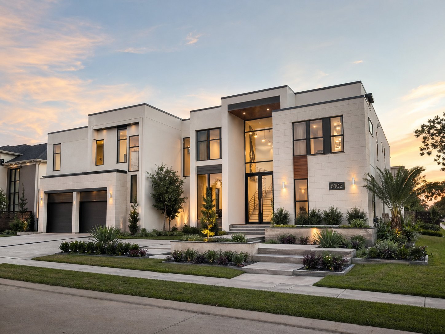 Ultra-modern Houston custom home exterior at dusk