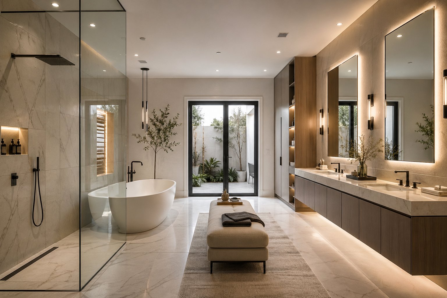 Spa-inspired primary bathroom with freestanding tub in ultra-modern Houston custom home